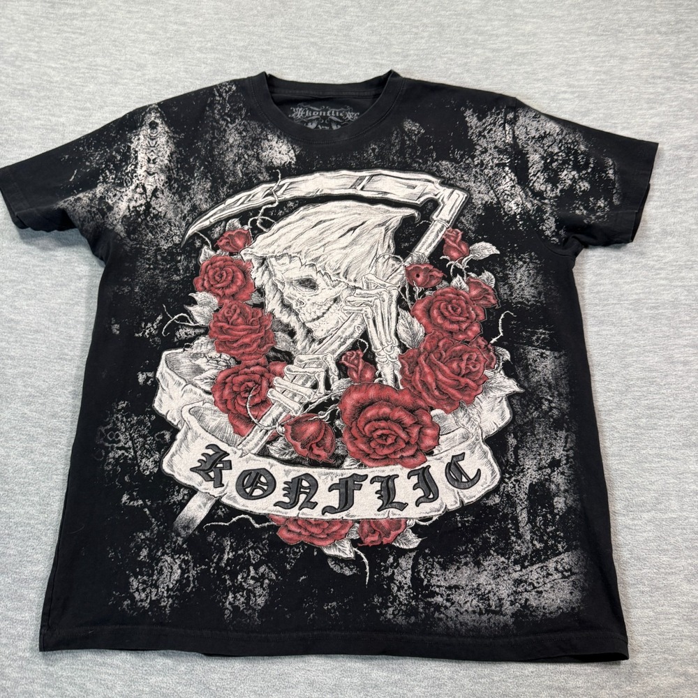 Konflic T-Shirt Men XL Black Red‎ Reaper Skull Roses Graphic Biker Tee USA